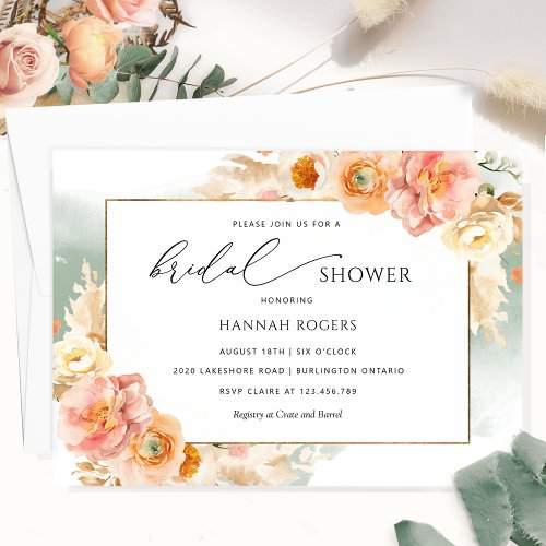 Elegant Sage Peach and Blush Bridal Shower Invita Invitation