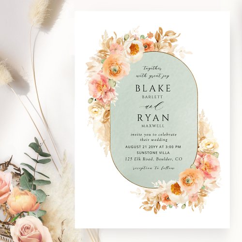 Elegant Sage Peach Blush and Cream Oval Wedding I Invitation