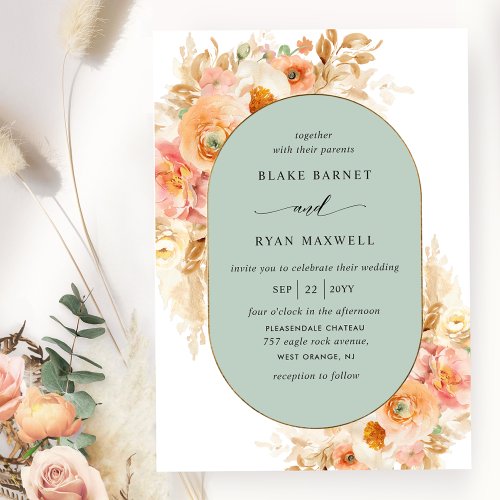 Elegant Sage Peach Blush and Cream Oval Wedding Invitation