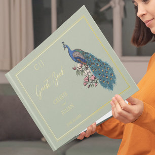 Elegant Sage Peacock Photo Wedding Guest Book
