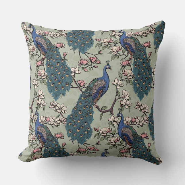 Elegant Sage Peacocks, Magnolia Flowers, Branches Throw Pillow (Front)