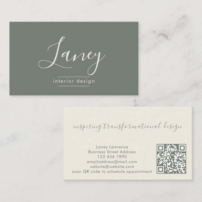 Elegant Sage QR Code Interior Design Professional Business Card (Front/Back)