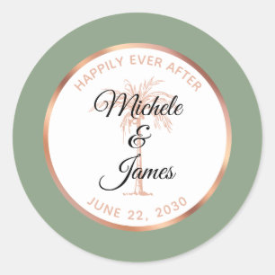 Elegant Sage Rose Gold Palm Tree Tropical Wedding Classic Round Sticker