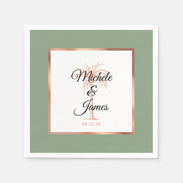 Elegant Sage Rose Gold Palm Tree Tropical Wedding Napkins (Front)