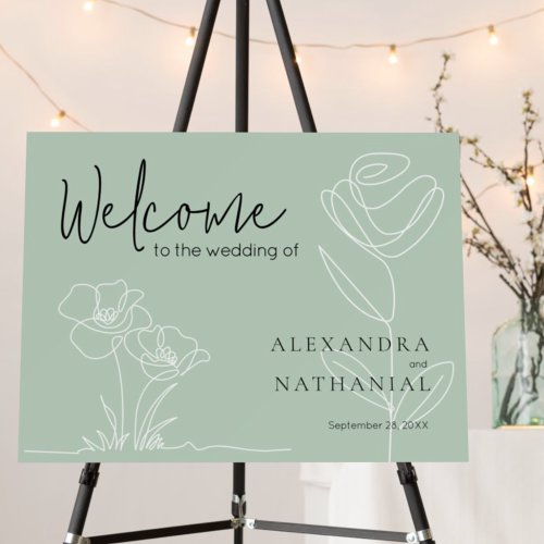 Elegant Sage Script Flower Wedding Welcome Sign