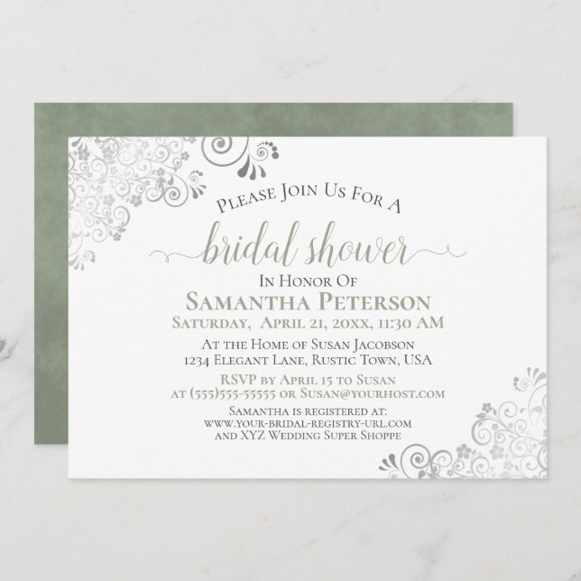 Elegant Sage & Silver Lace White Bridal Shower Invitation (Front/Back)