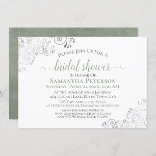 Elegant Sage & Silver Lace White Bridal Shower Invitation