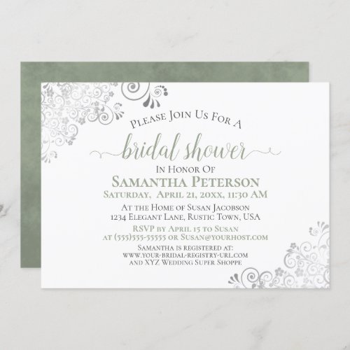 Elegant Sage  Silver Lace White Bridal Shower Invitation