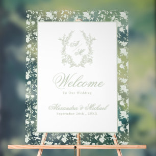 Elegant Sage Toile Crest Monogram Wedding Welcome Acrylic Sign