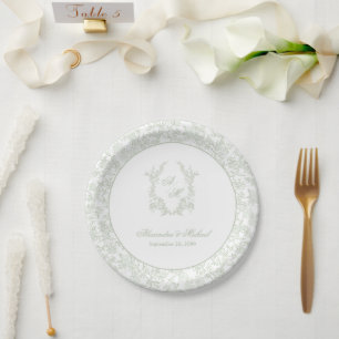 Elegant Sage Vintage Floral Crest Monogram Wedding Paper Plates
