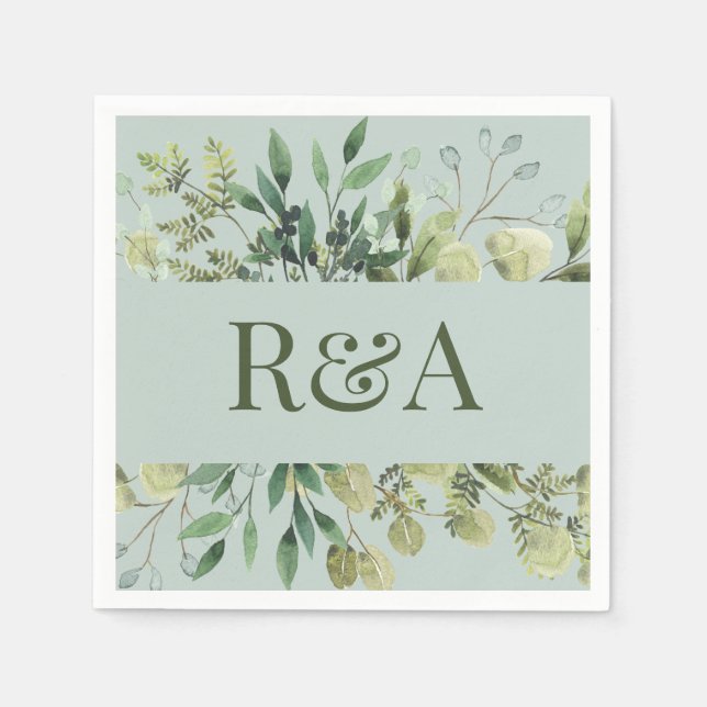 Elegant Sage Watercolor Custom Monogram Wedding  Napkins (Front)