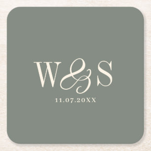 Elegant Sage wedding couples initials Square Paper Coaster