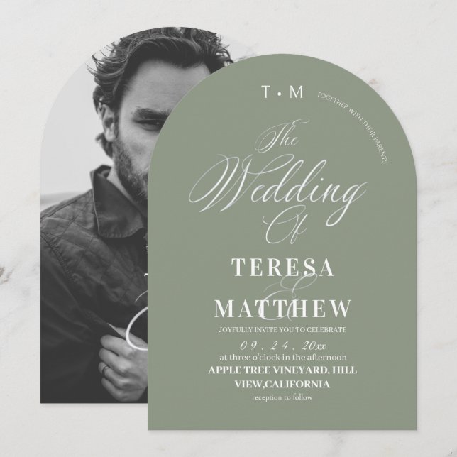 Elegant Sage & White Classic Script Wedding Invitation (Front/Back)