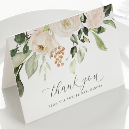 Elegant Sage White Flowers Bridal Shower Wedding Thank You Card
