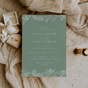 Elegant Sage & White Vintage Chinoiserie Wedding Invitation