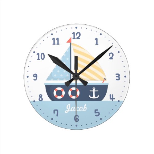 Elegant Sail boat Nautical Theme For Boys Room Round Clock