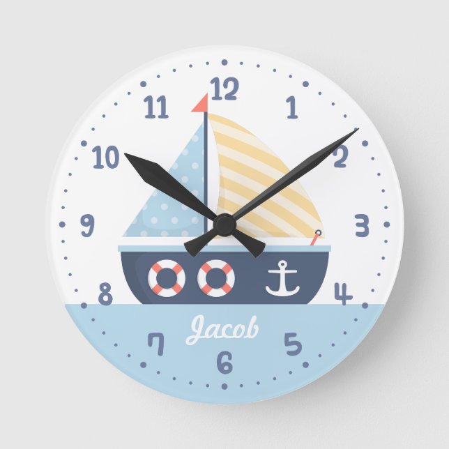 Elegant Sail boat Nautical Theme For Boys Room Round Clock (Front)