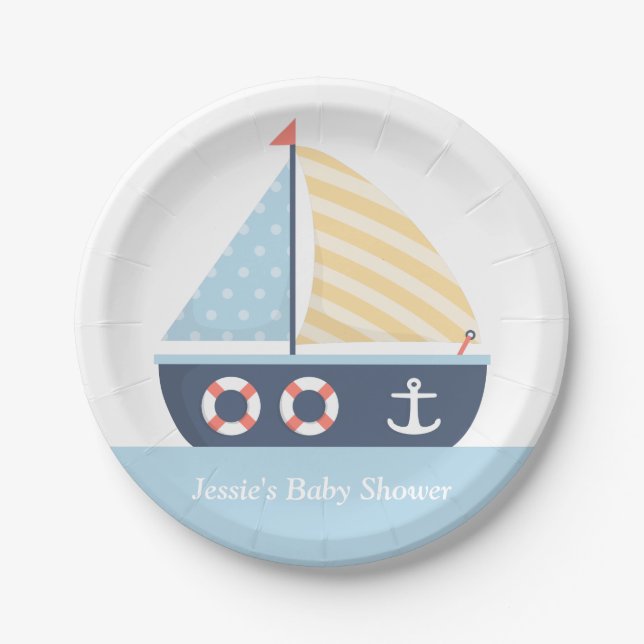 Elegant Sailboat Nautical Baby Shower Supplies Paper Plates (Front)