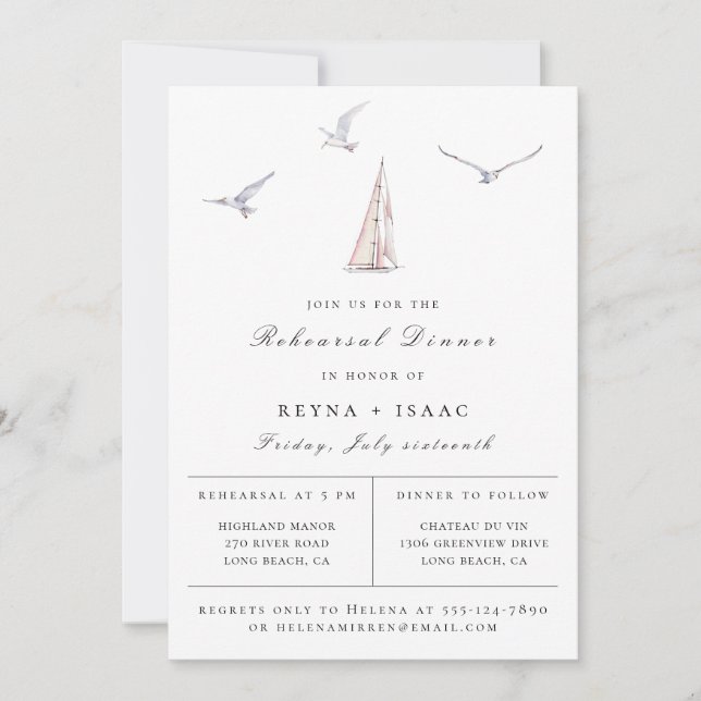 Elegant Sailboat Nautical Rehearsal Dinner Announcement (Front)