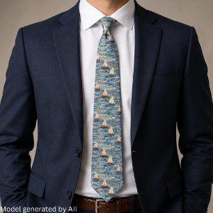 Elegant Sailboat Painting - Nautical Aesthetic Neck Tie