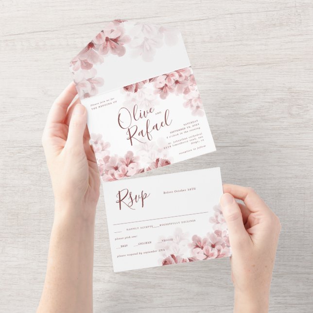 Elegant Sakura Branch modern Spring wedding All In One Invitation (Tearaway)