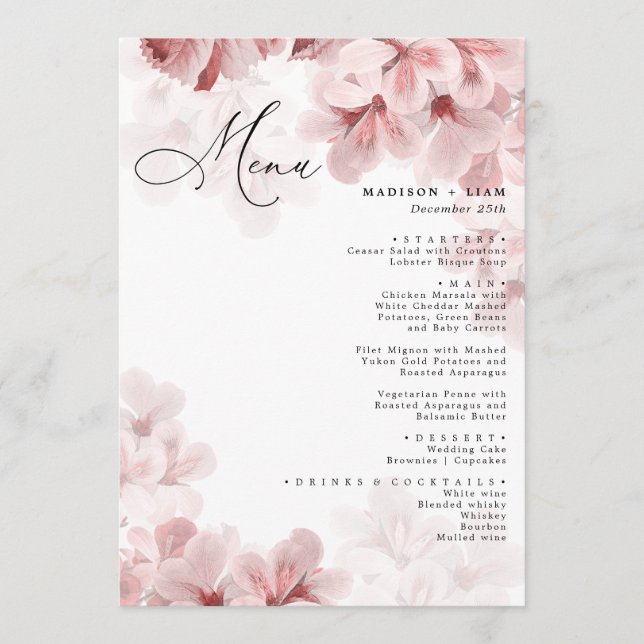 Elegant Sakura Branch modern Spring wedding Menu (Front)