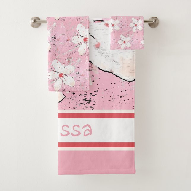 Elegant sakura cherry blossom pink floral pattern bath towel set (Insitu)