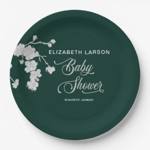 Elegant Sakura Cherry Blossoms Baby Shower Green Paper Plates
