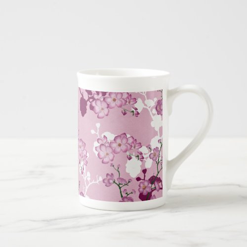 Elegant Sakura Pink Burgundy White Cherry Blossoms Bone China Mug