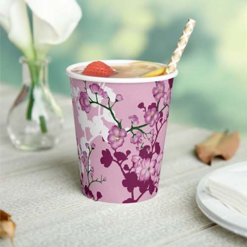 Elegant Sakura Pink Burgundy White Cherry Blossoms Paper Cups