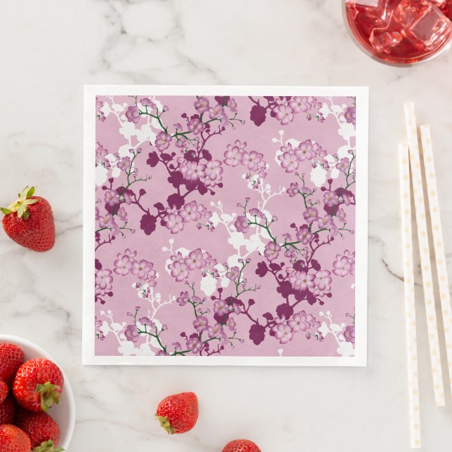 Elegant Sakura Pink Burgundy White Cherry Blossoms Paper Dinner Napkins (Insitu)