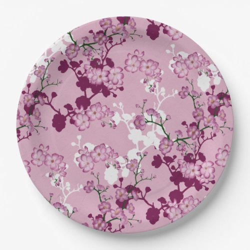 Elegant Sakura Pink Burgundy White Cherry Blossoms Paper Plates