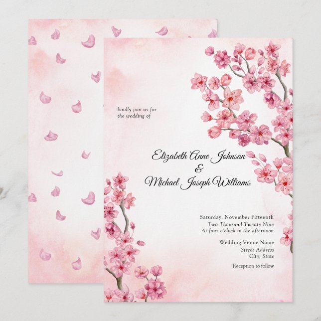 Elegant Sakura Pink Cherry Blossom Floral Wedding Invitation (Front/Back)