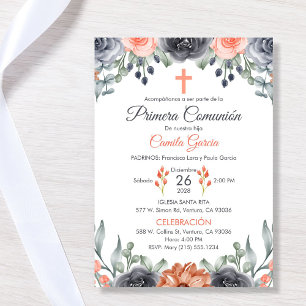 Elegant salmon colored First Communion in Spanish Invitation