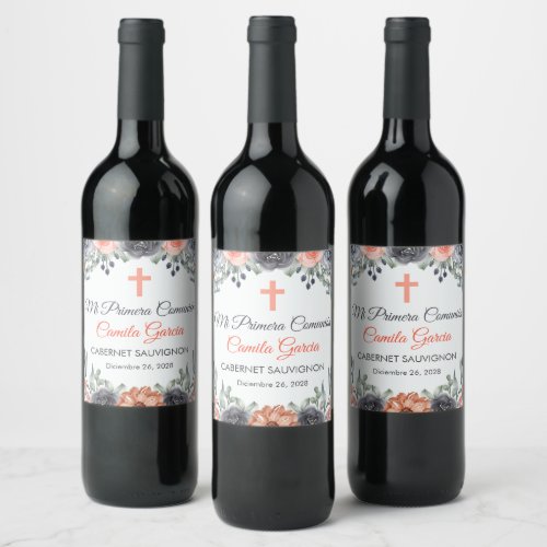 Elegant salmon colored First Communion in Spanish Wine Label