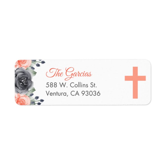 Elegant Salmon Colored Flowers First Communion  Label (Front)
