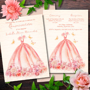 Elegant Salmon Floral Butterflies Quinceañera Invitation