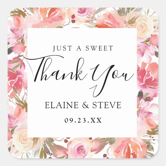 Elegant Salmon Pink Floral Wedding Favor Square Sticker (Front)
