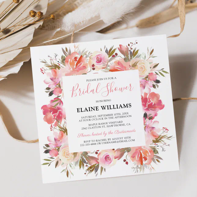 Elegant Salmon Pink Flower Bridal Shower Invitation | Zazzle