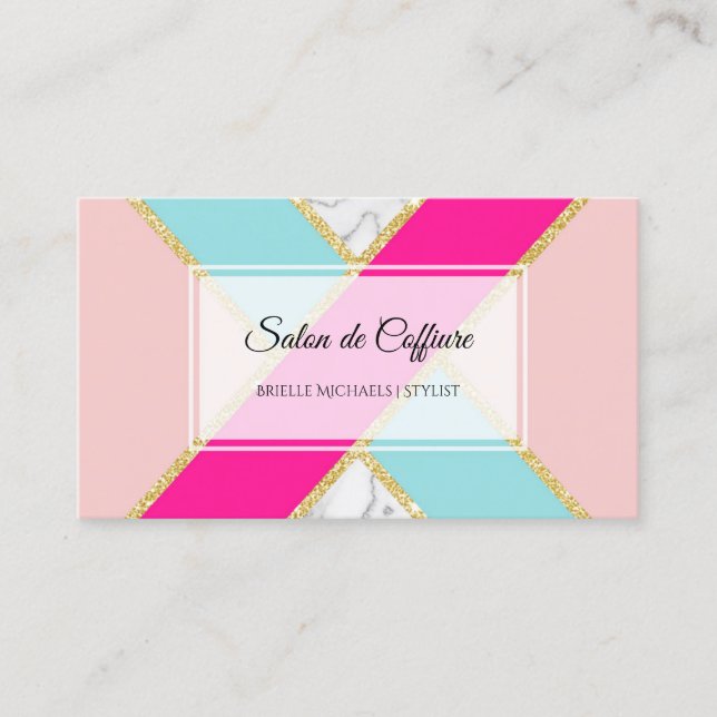 Elegant Salon Pink and Blue Glitter and Marble Business Card (Front)