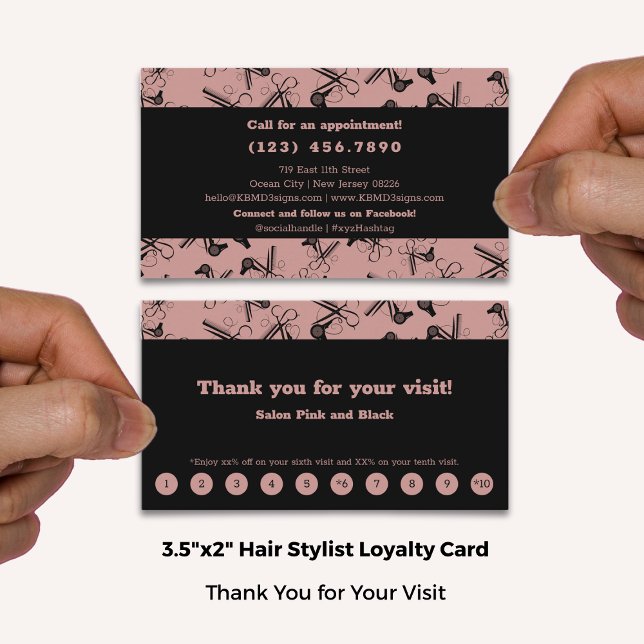 Elegant Salon Pink & Black Call Social Media Loyalty Card (Elegant Salon Pink & Black Call Social Media Loyalty Card; Standard Size 3.5x2 Inch US)