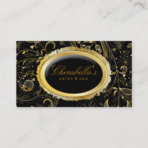 Customizable Elegant Salon Spa Floral Gold Black Business Card Template