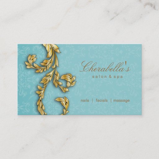 Customizable Elegant Salon Spa Floral Gold Leaf Blue Business Card Template