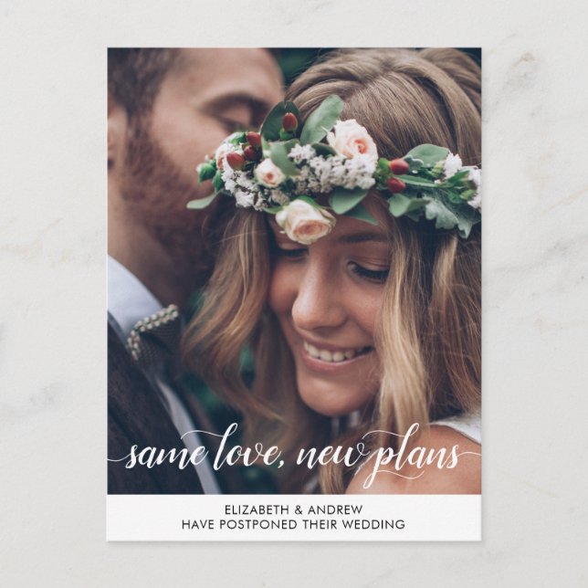 Elegant Same Love New Plans Change of Date Photo Announcement Postcard (Front)