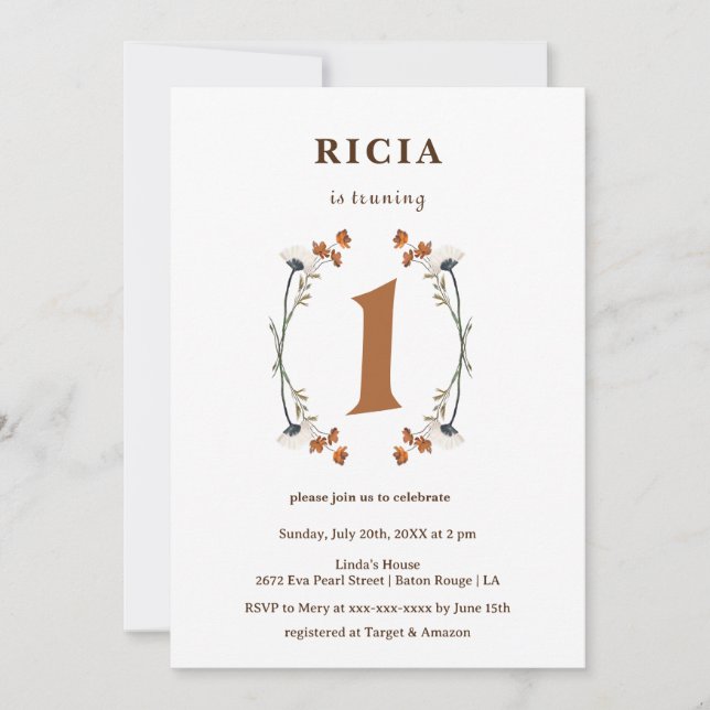 Elegant Sample Wildflower 1st Birthday  Invitation (Front)