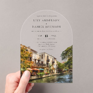 Elegant San Antonio Watercolor Wedding Arch Acrylic Invitations