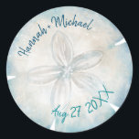 Elegant Sand Dollar Name Beach Wedding Classic Round Sticker<br><div class="desc">Create your own unique sand dollar beach wedding stickers to use on your guest favors/gifts, or as elegant envelope seals to accent your tropical invitations... The beautiful watercolor artwork created by Raphaela Wilson depicts a single sand dollar shell in popular nautical shades of deep ocean blue, light teal, and ivory...</div>