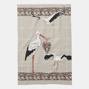 Elegant Sandbeige & Cocoa Folk Stork 2026 Calendar Kitchen Towel