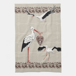 Elegant Sandbeige & Cocoa Folk Stork 2026 Calendar Kitchen Towel