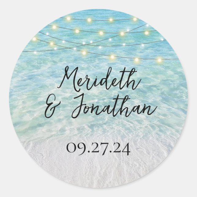 Elegant Sandy Beach Sea Glass Lights Script Classic Round Sticker (Front)